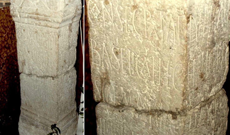 El ara del Obispo Bacuada y detalle de las inscripciones que figuran en el mismo