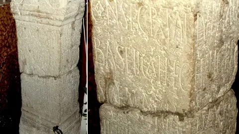 El ara del Obispo Bacuada y detalle de las inscripciones que figuran en el mismo