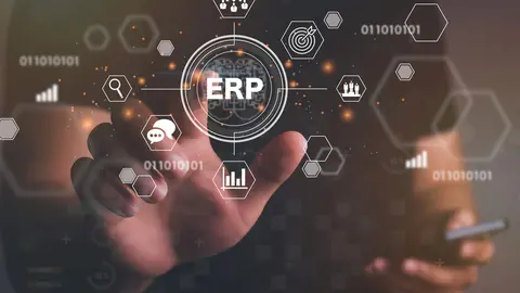 Man hand touching virtual screen to ERP Corporate Company Management Business Internet Technology Concept.